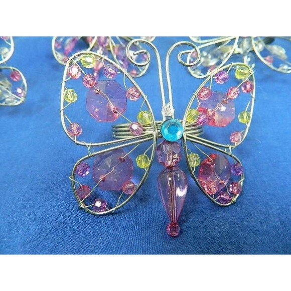 Butterfly Napkin Rings Lot of 5 Silver Tone Wire with Multicolored Beads - Picture 4 of 10